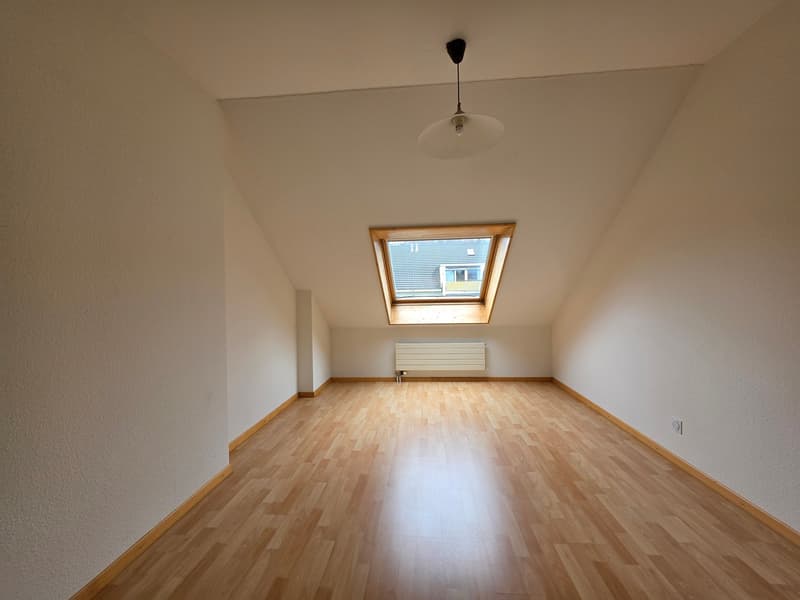 empty room, wooden floor, white walls, ceiling light, skylight, radiator