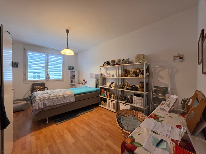 Bedroom with bed, shelves, basket, chair, desk, lamp, window, rug, dog bed