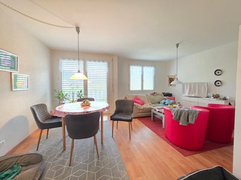 Dining area with a round table and chairs, a couch, a coffee table, a rug, and a carpet. There are also picture frames, a potted plant, and a lamp.