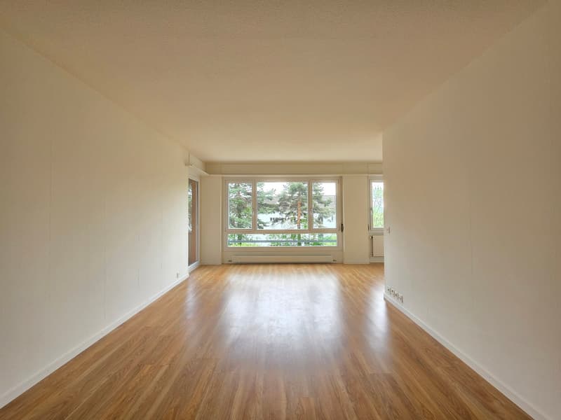 Empty room with wooden floors, white walls, large windows, and a door.