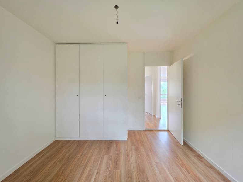 empty room, wooden floor, white walls, large white wardrobe, open door