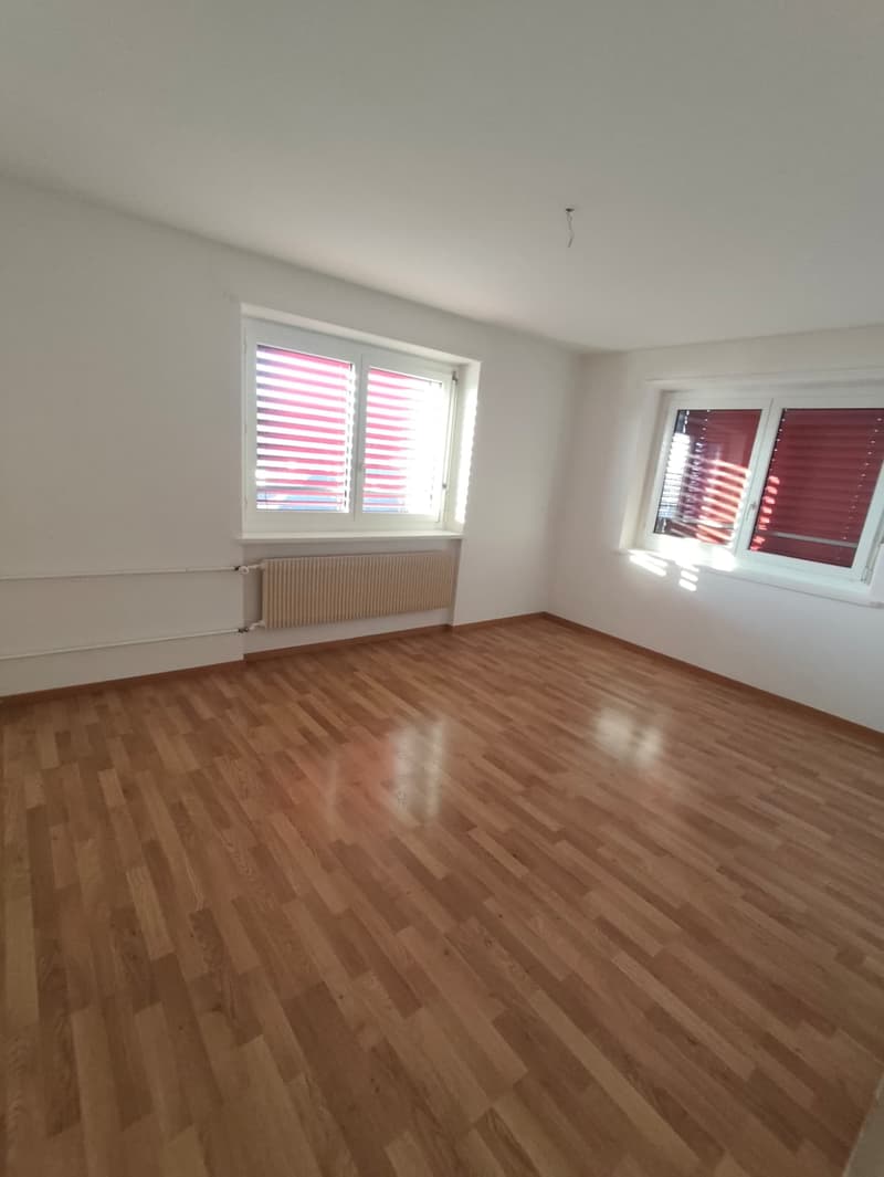 empty room, wooden floor, white walls, two windows with red blinds, radiator
