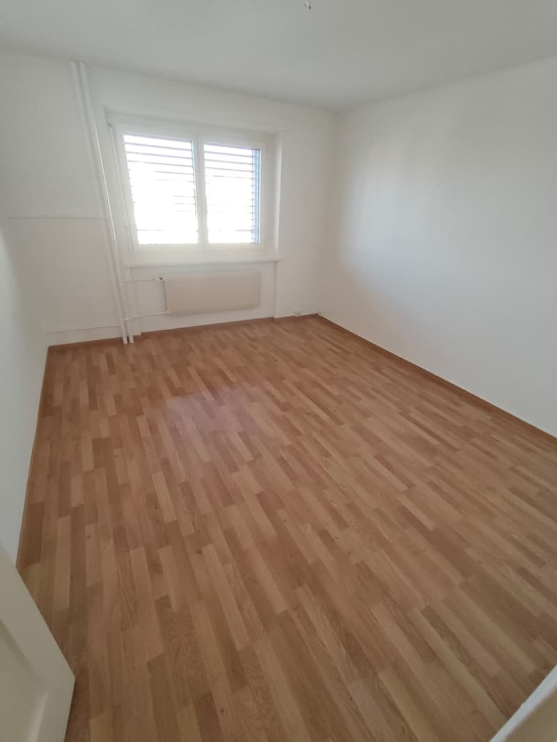 empty room, wooden floor, white walls, window with blinds, radiator
