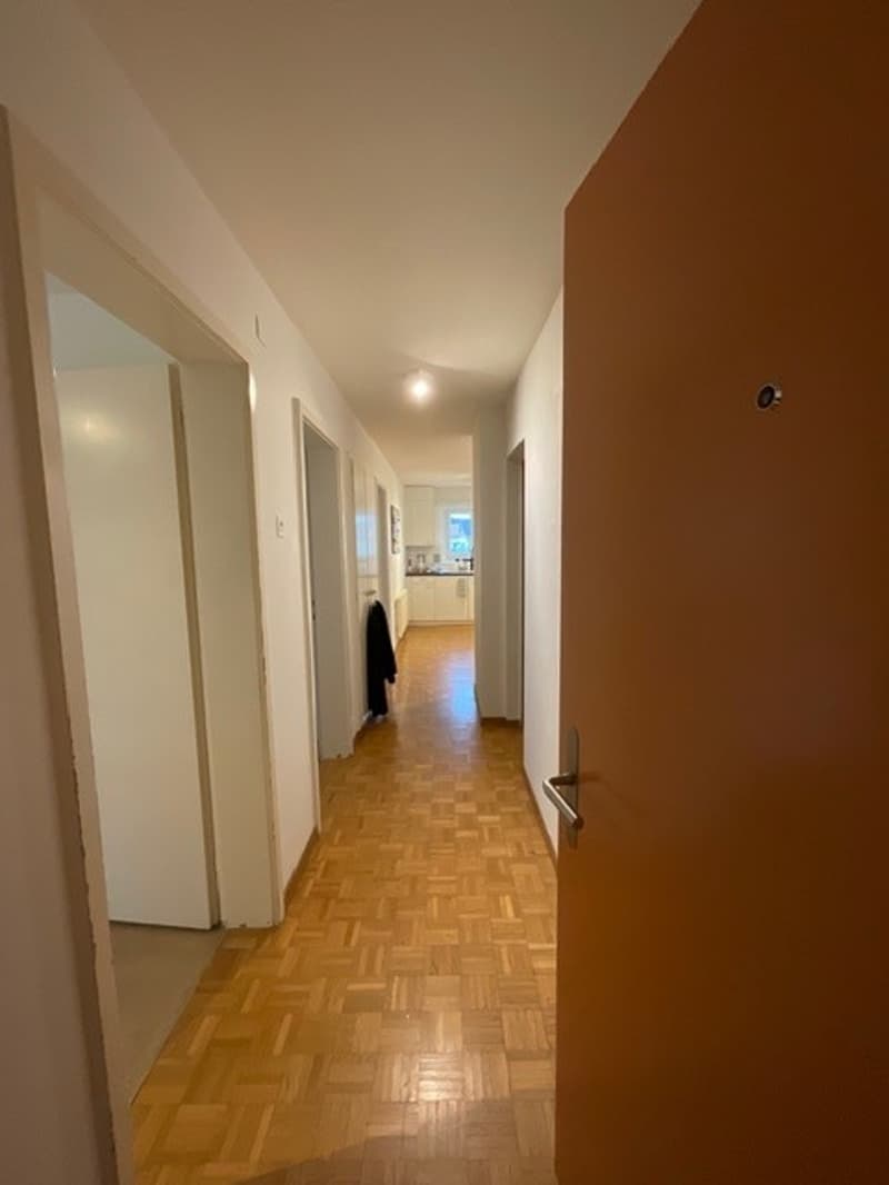 Empty hallway with wooden floor, white walls, and doors on both sides.
