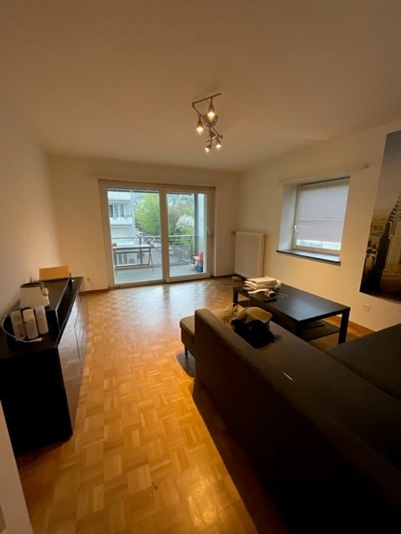living room with wooden floor, sliding glass doors to balcony, white walls, black couch, coffee table, radiator, ceiling lights
