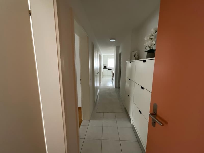 white tiled floor, white walls, white doors, white cabinet, flower vase, ceiling light