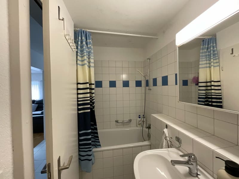 Bathroom with bathtub, shower, sink, mirror, and towel rack
