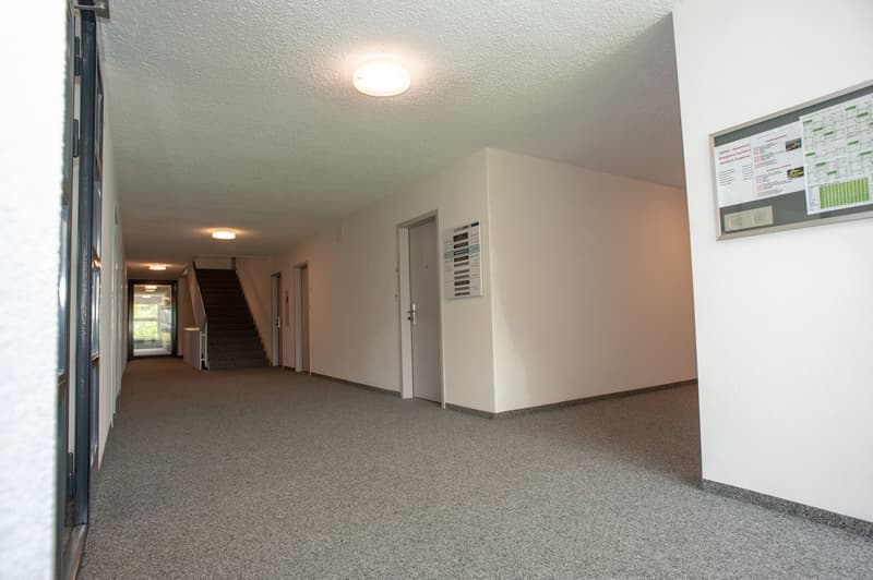 Empty hallway with carpet, two doors, ceiling lights, staircase