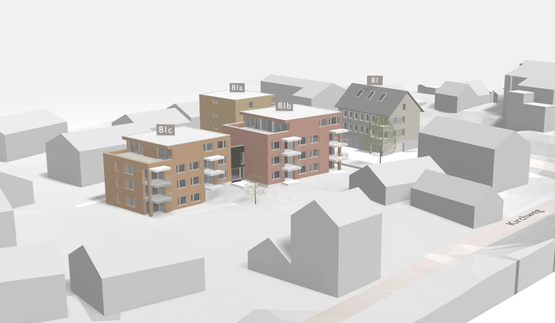 This image appears to be a 3D model or rendering of a residential neighborhood. It shows several multi-story apartment buildings and houses in a snowy, urban setting. The buildings have different colors and architectural styles, with some featuring balcon