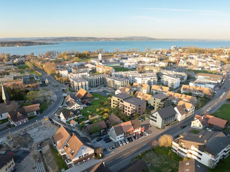 Aerial view of a city with a mix of residential and commercial buildings, surrounded by a body of water and mountains in the distance. The city appears to have a mix of older and newer architecture, with a variety of building styles and heights.