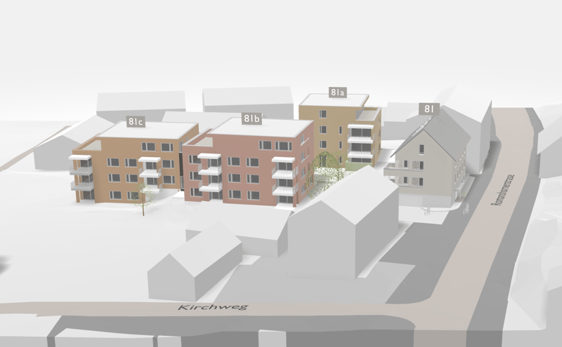 3-story apartment buildings, some with balconies, along a street called Kirchweg