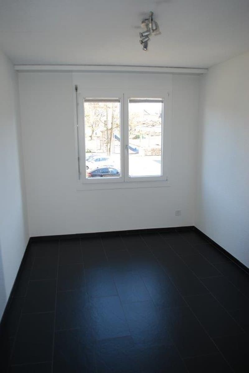 Empty room, windows, white walls, black floor, ceiling lights