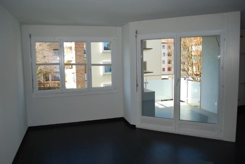 empty room, white walls, black floor, two windows, sliding doors to balcony with view
