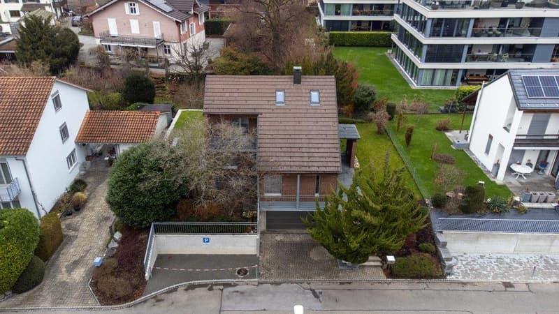 3 story house, brown roof, garage, swimming pool, garden