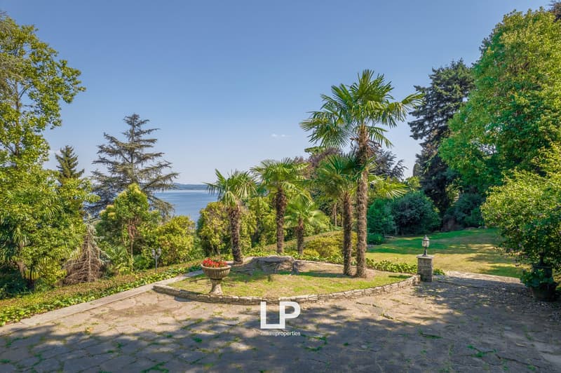 Patio area with stone paving, decorative vases, manicured grass, several palm trees, trees and bushes, water view, lamp posts