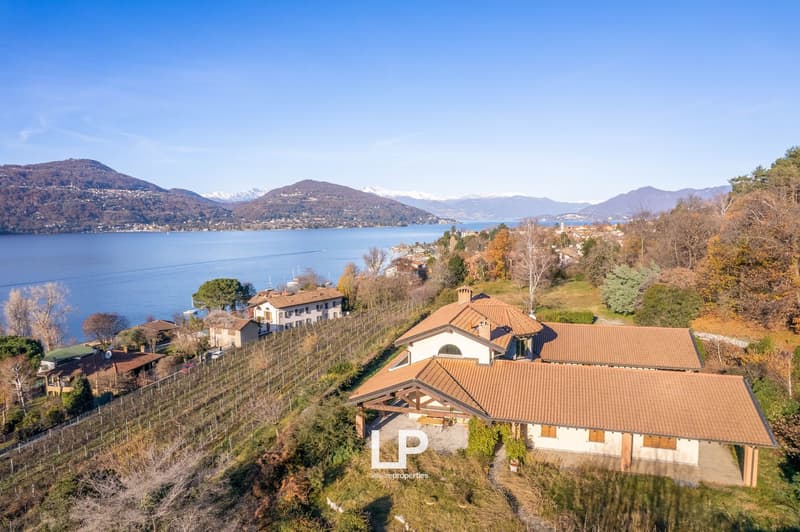 Large villa with red tile roof, surrounded by vineyards, overlooking a lake with mountains in the background
