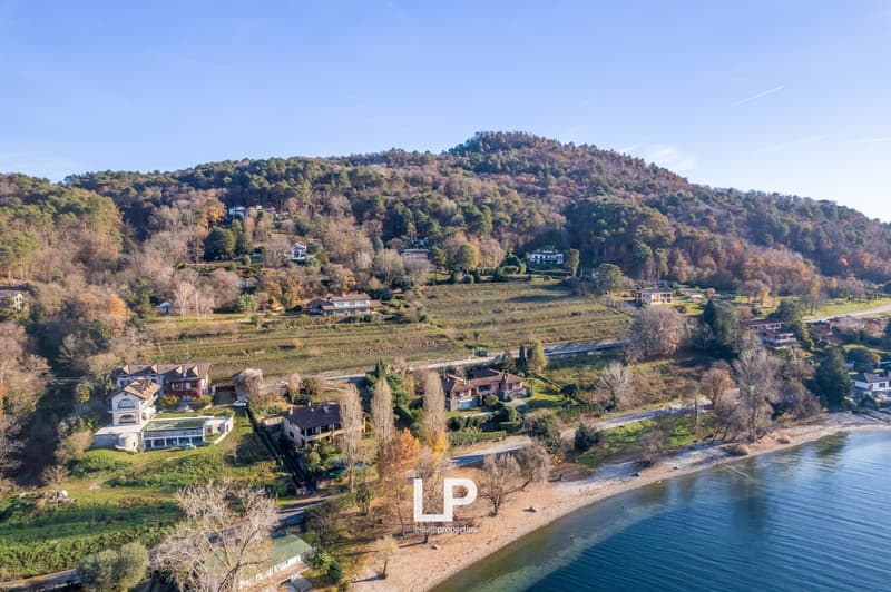 The image shows a scenic landscape with a hilly, forested area in the background and a river or lake in the foreground. There are several houses and buildings scattered throughout the landscape, surrounded by lush greenery and autumn foliage. The overall