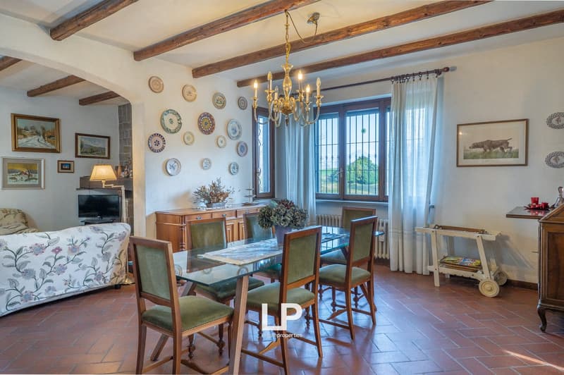 Dining room with a glass table, wooden chairs, a chandelier, a wooden cabinet, a TV, a couch, and a radiator