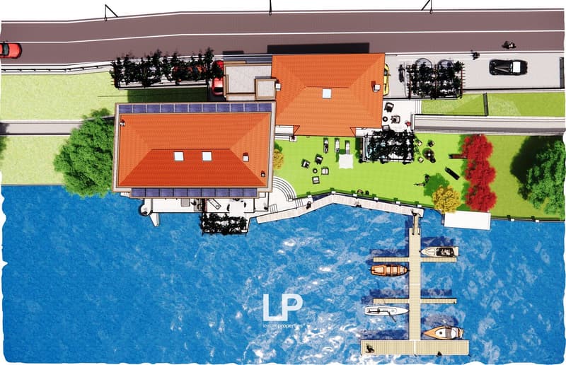 Three story building, multiple parking places, two levels of balconies, swimming pool, marina