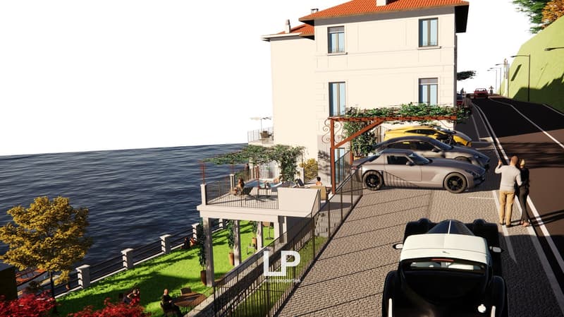 2 story building with balcony, terrace and outdoor swimming pool, multiple cars parked on the road, people walking, and road markings