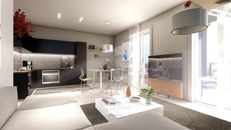 Living room with dining area, modern kitchen, 1 bedroom, 1 bathroom, balcony