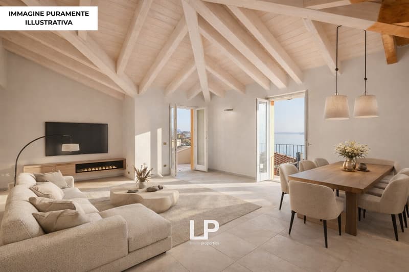 modern living room with open-air dining area, white walls, wooden ceiling, balcony