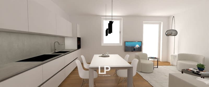 modern kitchen with white cabinets, black counters, dining table with white chairs, black induction stove, built-in oven, modern lighting