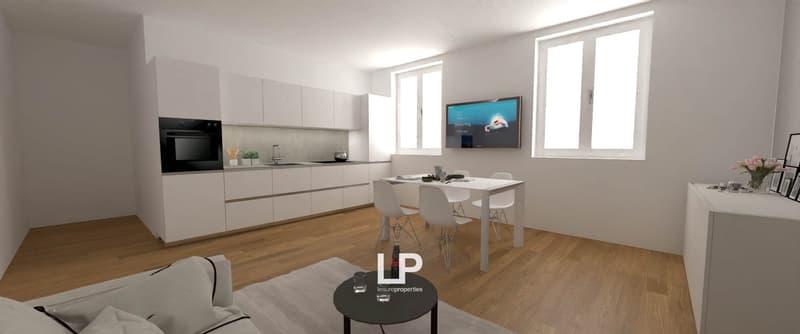 modern interior with open plan, kitchen and dining area, flat screen TV, comfortable furniture