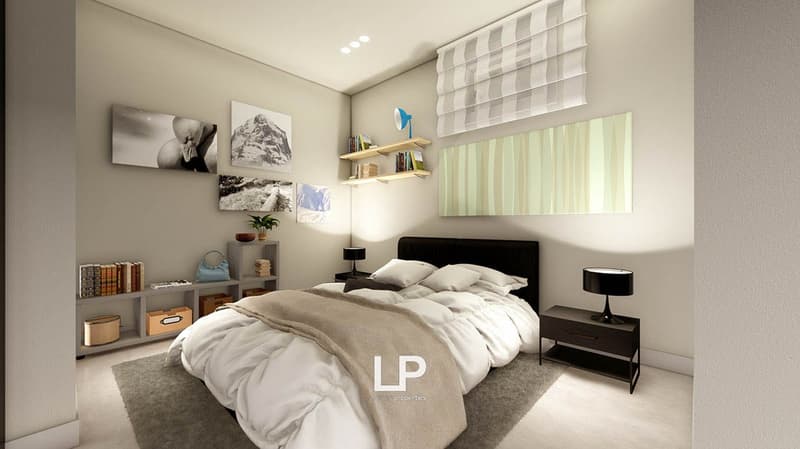 bed, bedside tables, nightstand lamps, bookshelves, artwork, carpet