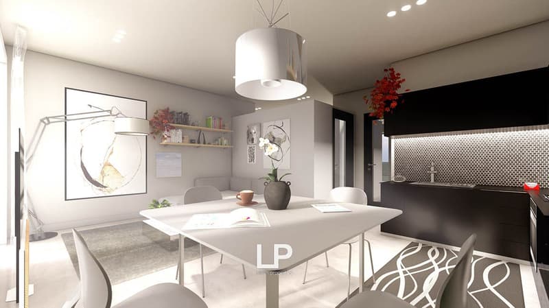 modern dining room with white furniture, black and white rug, white ceiling lamp, black kitchen island with red flower on top