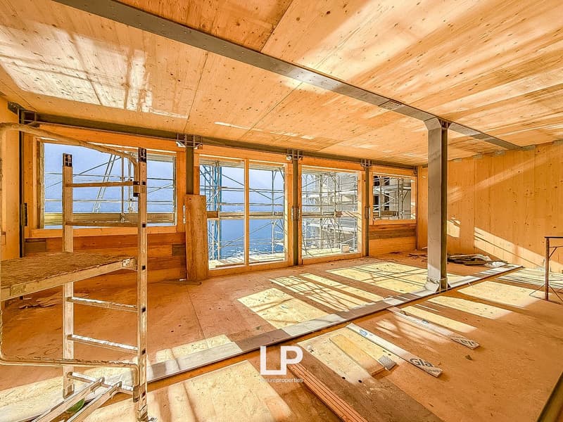wooden interior, glass windows, metal scaffolding, natural light, floor space