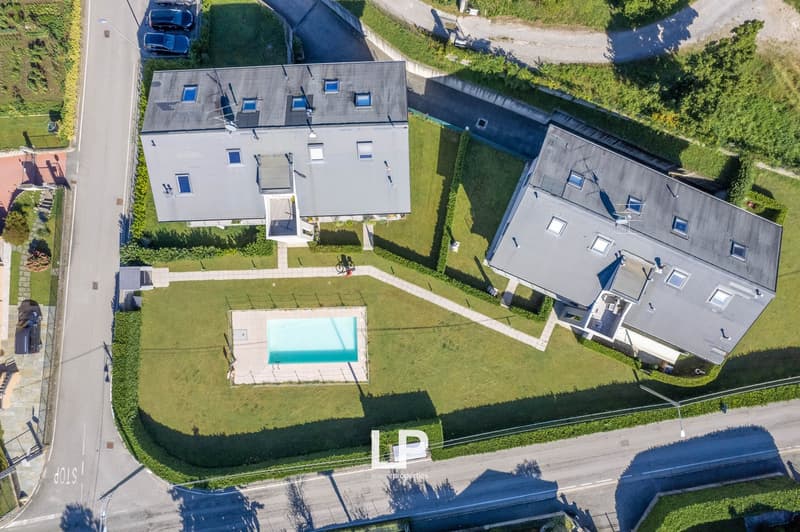 2-story residential property with a swimming pool in the garden, driveway, gray roof, and surrounded by greenery.