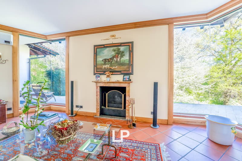 Spacious living room with large windows overlooking a scenic outdoor view, a fireplace with a decorative painting above it, and various decorative elements such as plants, rugs, and artwork.