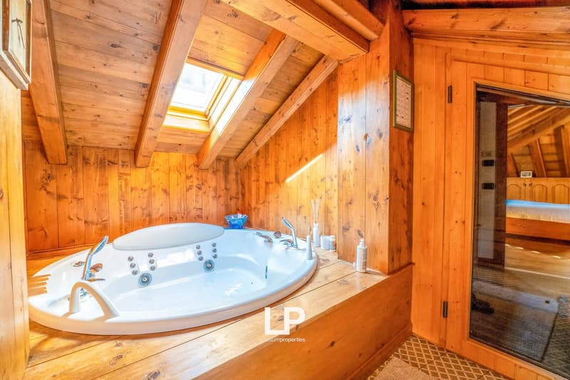 Spacious bathroom with a large jacuzzi tub, wooden walls and ceiling, and skylights providing natural light.
