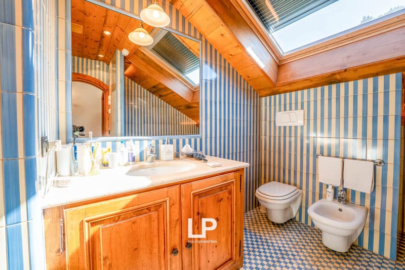 Spacious bathroom with wooden ceiling and walls, tiled floor, vanity cabinet, toilet, and bidet. The bathroom has a modern and rustic design with a skylight providing natural lighting.