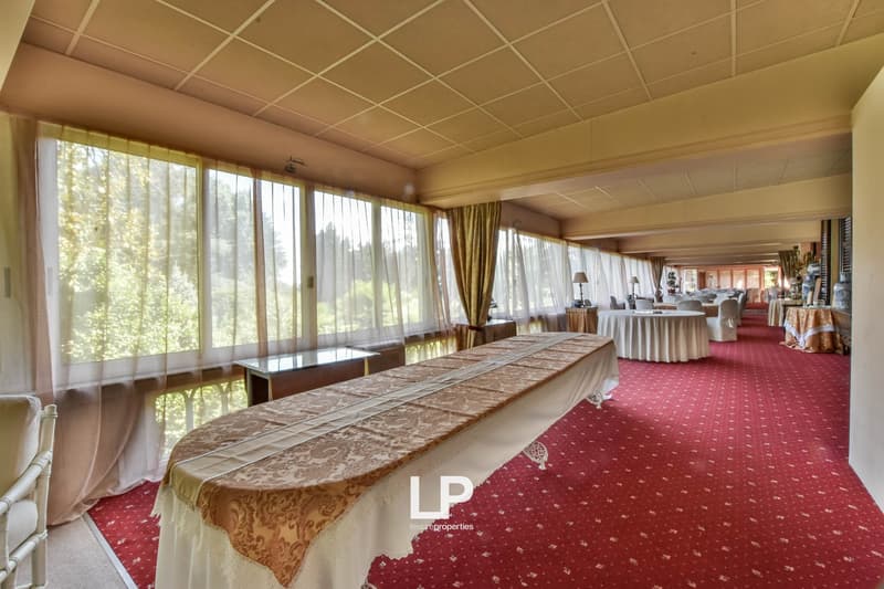 Large dining or event space with floor-to-ceiling windows, red patterned carpet, wooden tables and chairs, and a fireplace visible.