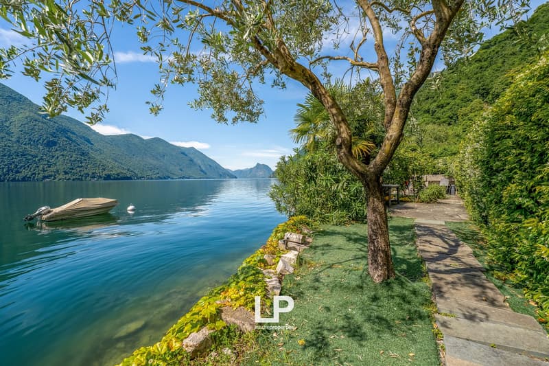 Scenic lakeside view with a lush, green landscape, a stone pathway, and a small boat on the calm, blue waters. The scene is framed by a large, leafy tree and surrounded by mountains in the background.