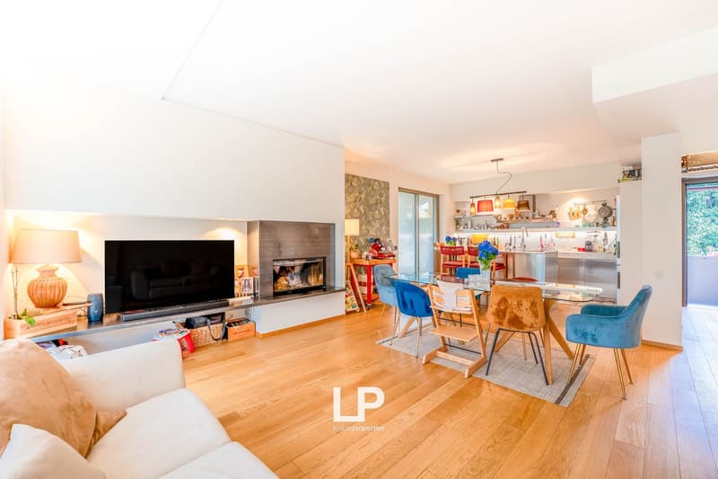 Spacious open-concept living room and kitchen with hardwood floors, a fireplace, a large TV, a dining table with colorful chairs, and a well-equipped kitchen with stainless steel appliances and open shelving.