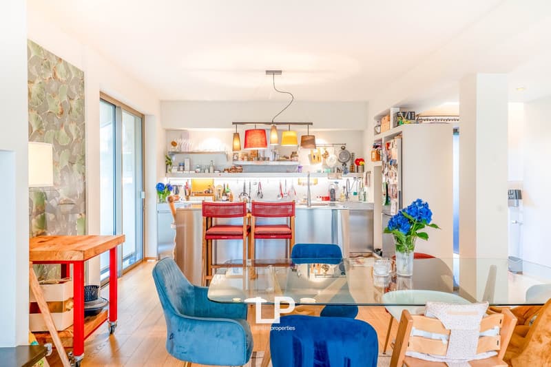 Open-concept kitchen and dining area with modern appliances, colorful decor, and a mix of seating options including bar stools and upholstered chairs. The space features large windows, shelving with various kitchen items, and a glass dining table.