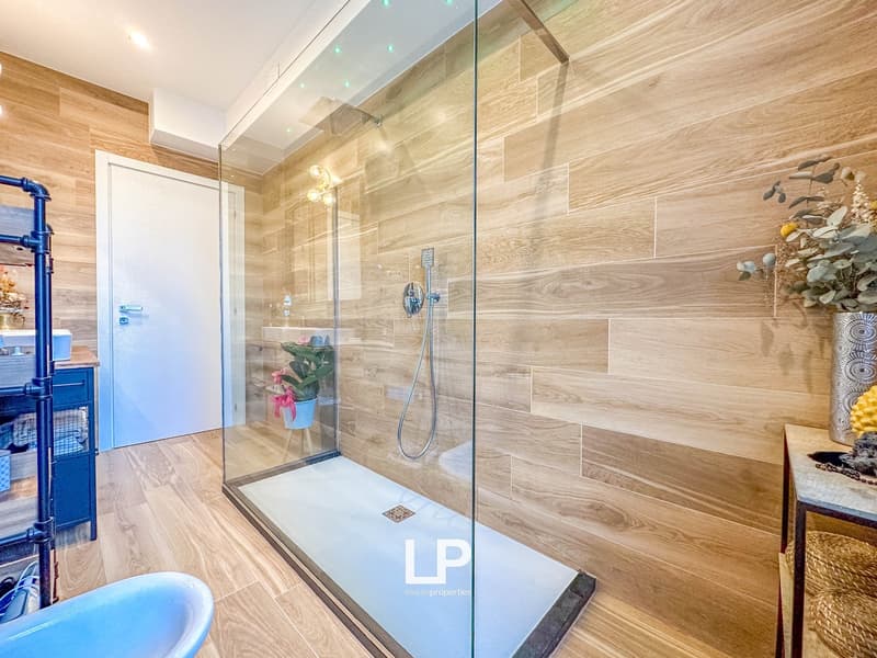 Large glass shower enclosure, wooden tile walls, blue accent pieces, washing machine
