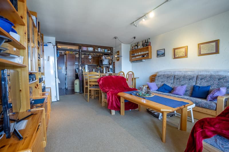 Cozy living room with wooden shelves, a red throw blanket, a blue patterned sofa, and a wooden dining table with chairs. The room also has a fireplace and various decor items on the walls.