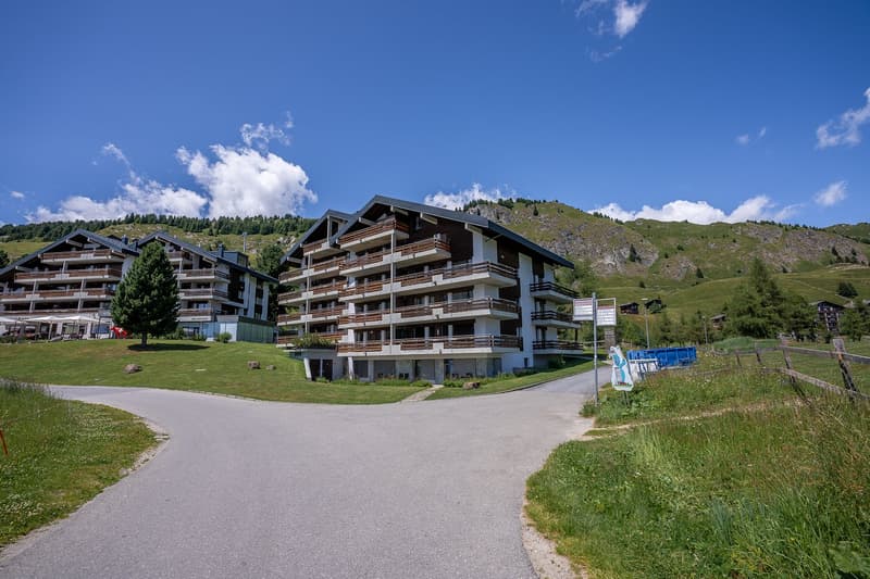Multi-story apartment buildings with wooden and stone exteriors, surrounded by grassy hills and mountains in the background. There is a paved path leading through the grassy area in the foreground.