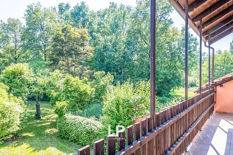 Wooden deck with a view of a lush, green garden surrounded by trees