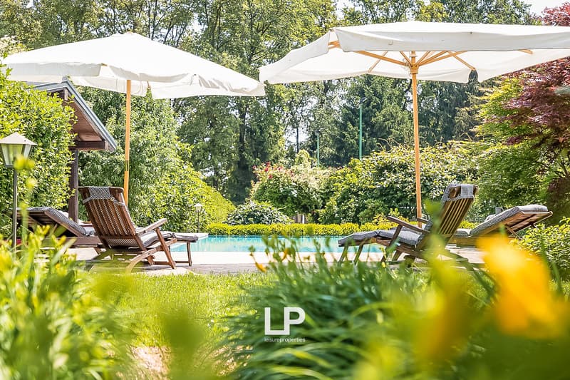 Lush green garden with a swimming pool, surrounded by wooden lounge chairs and umbrellas, with a wooded area in the background
