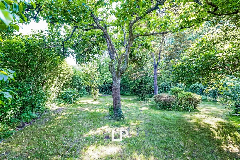 Lush, green garden with a large tree in the center, surrounded by other trees and vegetation. The garden appears to be well-maintained with a grassy lawn and some bushes or shrubs visible.