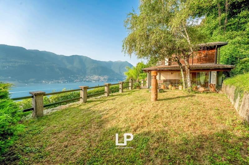 House on cliff, wooden exterior, garden, wooden fence, sea view, large tree