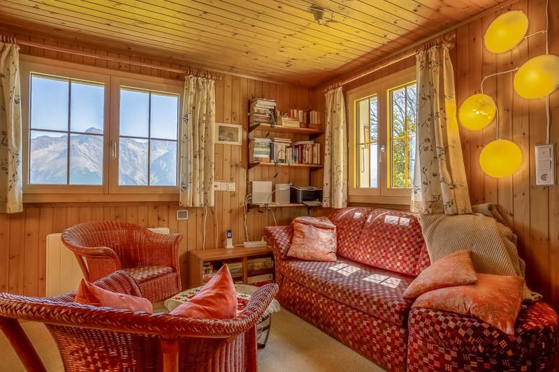 living room with wooden walls, large windows, mountain view, sofa, couch pillows, side table, chairs, shelf with books and printer, radiator, hanging lamps