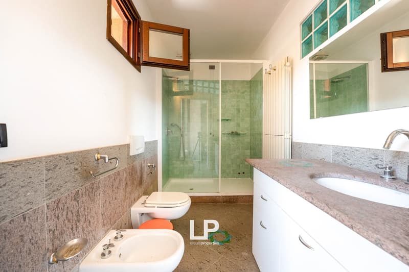 White walls, brown and green tiles, separate shower, white countertop, sink, toilet, faucet