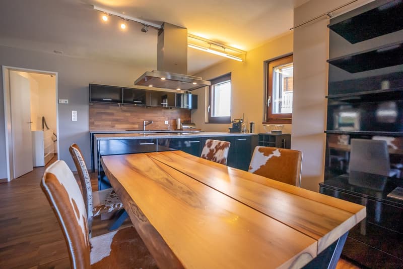 Dining table, chairs, wooden floor, modern kitchen, cabinets, countertop, window