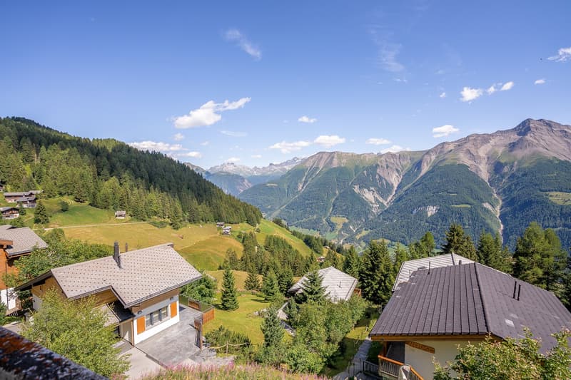 Houses built into hillside, surrounded by green hills and mountains, clear blue sky with some clouds, surrounded by trees and flowers.